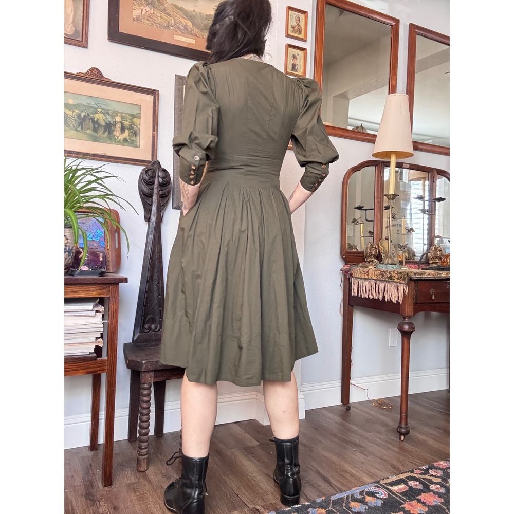 Ulla Johnson Olive Green Cotton Poplin Button Front Pleated Midi Dress Pockets 0 - Picture 5 of 8